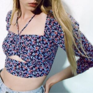 Zara Cropped Cut Out Floral Print Top NEW with tags L